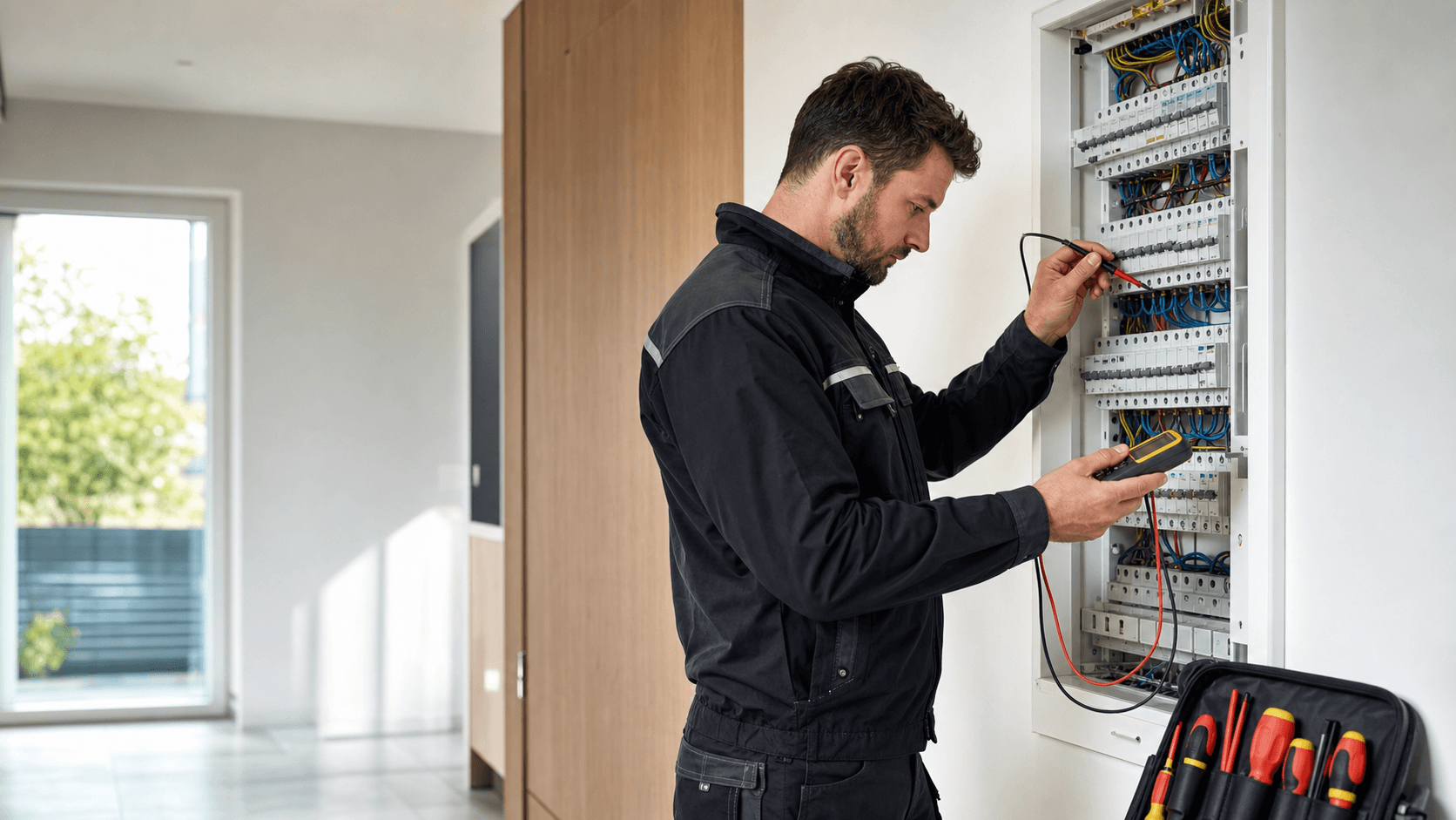 Elektryk wykonuje pomiary instalacji elektrycznej w domu
